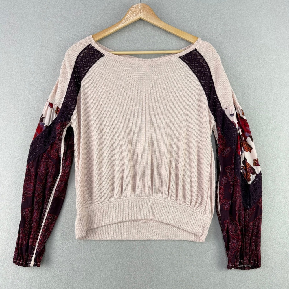 Free People Snow Drop Top Women XS Pink Boho Thermal Lace Balloon Sleeve